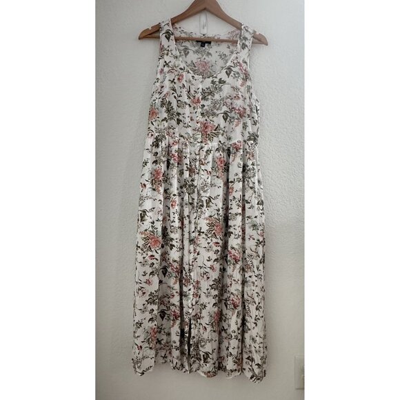 Frye Midi Dress Womens L White Floral Button Front Lined Pockets Prairie Cottage - Picture 1 of 14
